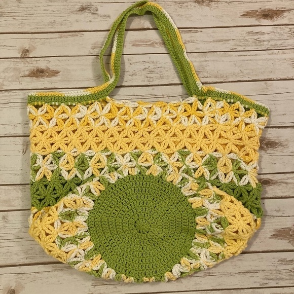 Vintage Handmade Quilt Granny Crotchet Large Crossbody Shopping Bag - Picture 10 of 13